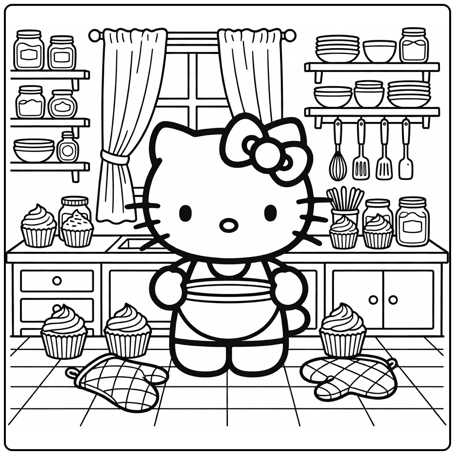 Hello Kitty kleurplaat moeilijk: Kitty bakt cupcakes in keuken
