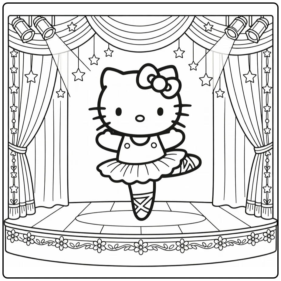 hello kitty kleurplaat moeilijk: ballerina op toneel met sterren
