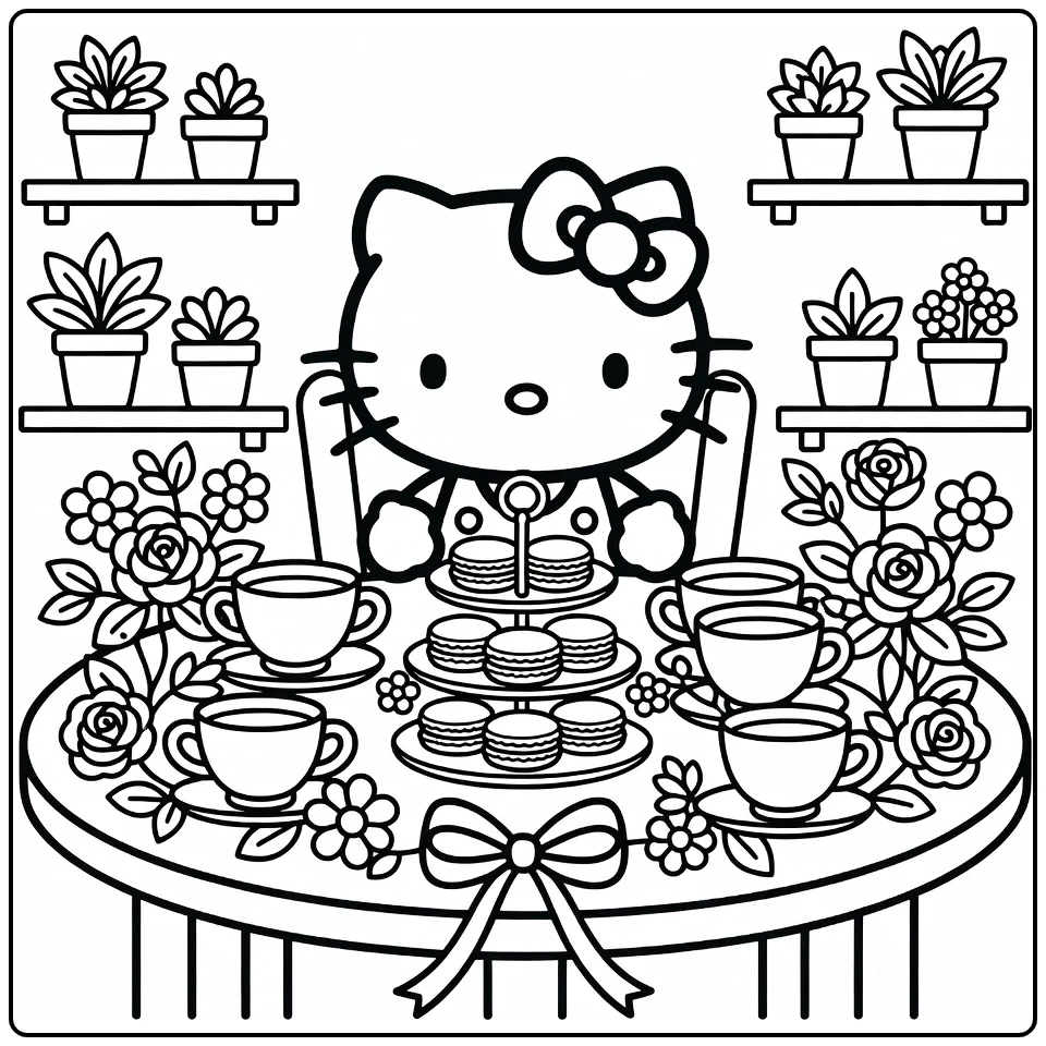 Hello Kitty kleurplaat moeilijk: theepartijtje aan ronde tafel