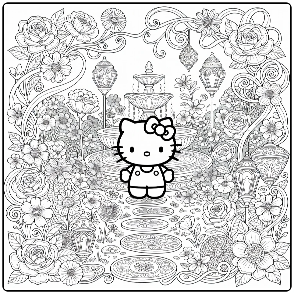 hello kitty kleurplaat moeilijk in fantasietuin met bloemen fontein