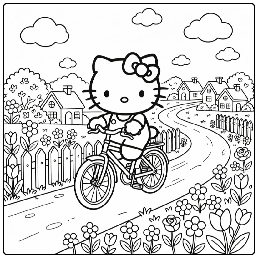 hello kitty kleurplaat moeilijk op fiets door bloemen dorp