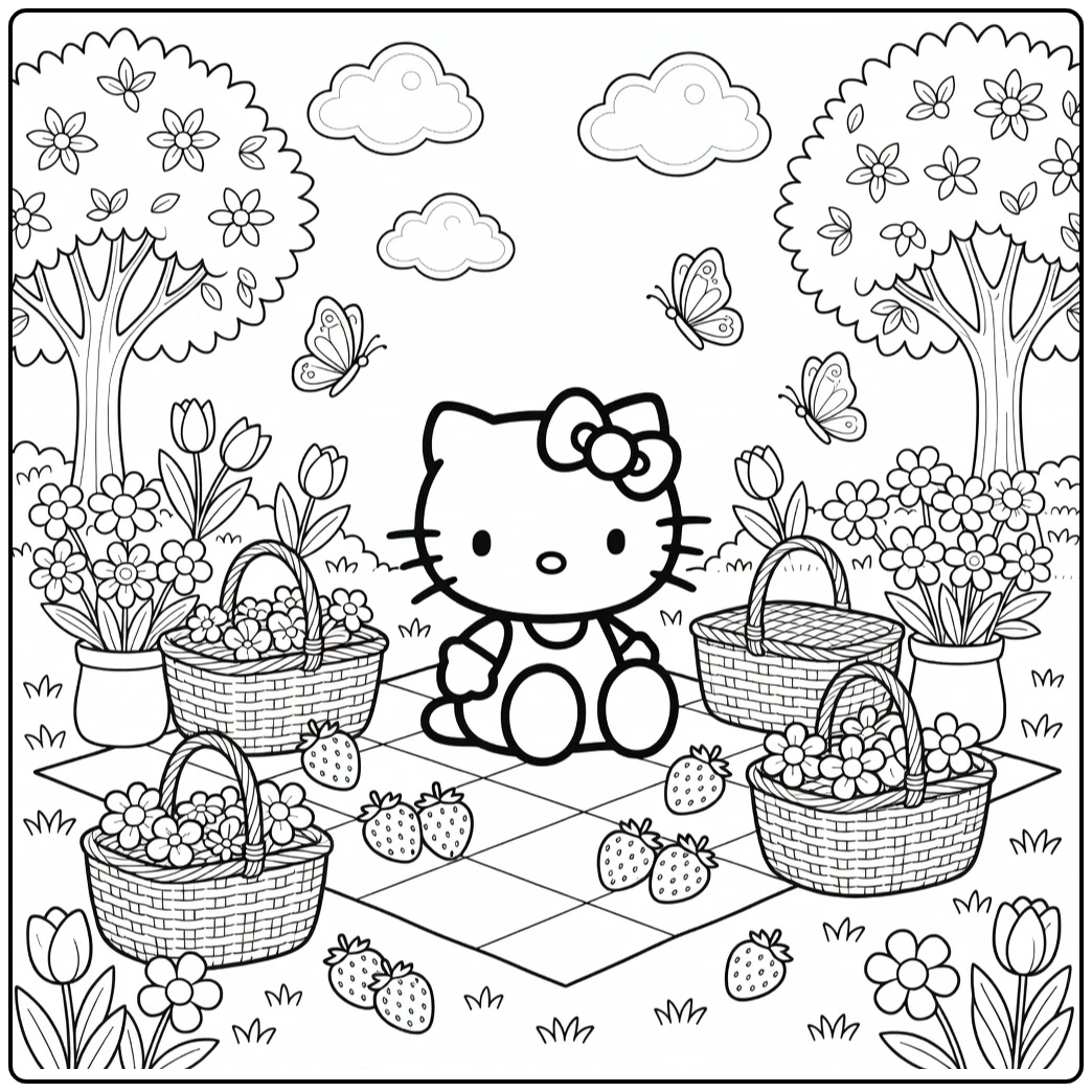 hello kitty kleurplaat moeilijk picknick met vlinders en aardbeien