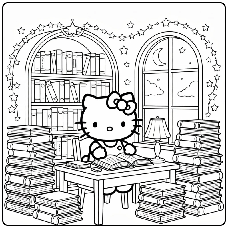 hello kitty kleurplaat moeilijk magische bibliotheek boeken maan