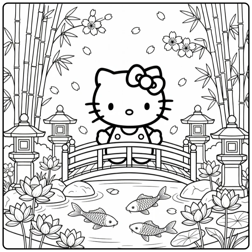 hello kitty kleurplaat moeilijk Japanse tuin brug koi lotus