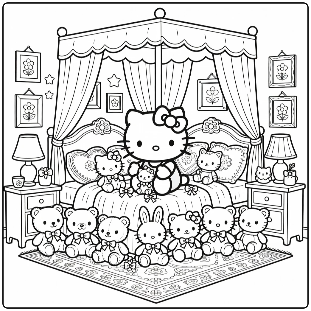 hello kitty kleurplaat moeilijk: Hello Kitty rangschikt knuffels bij hemelbed