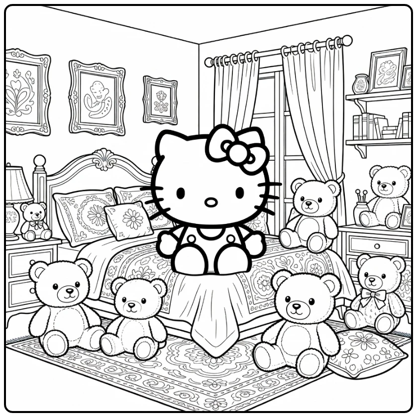 hello kitty kleurplaat moeilijk slaapkamer met knuffels