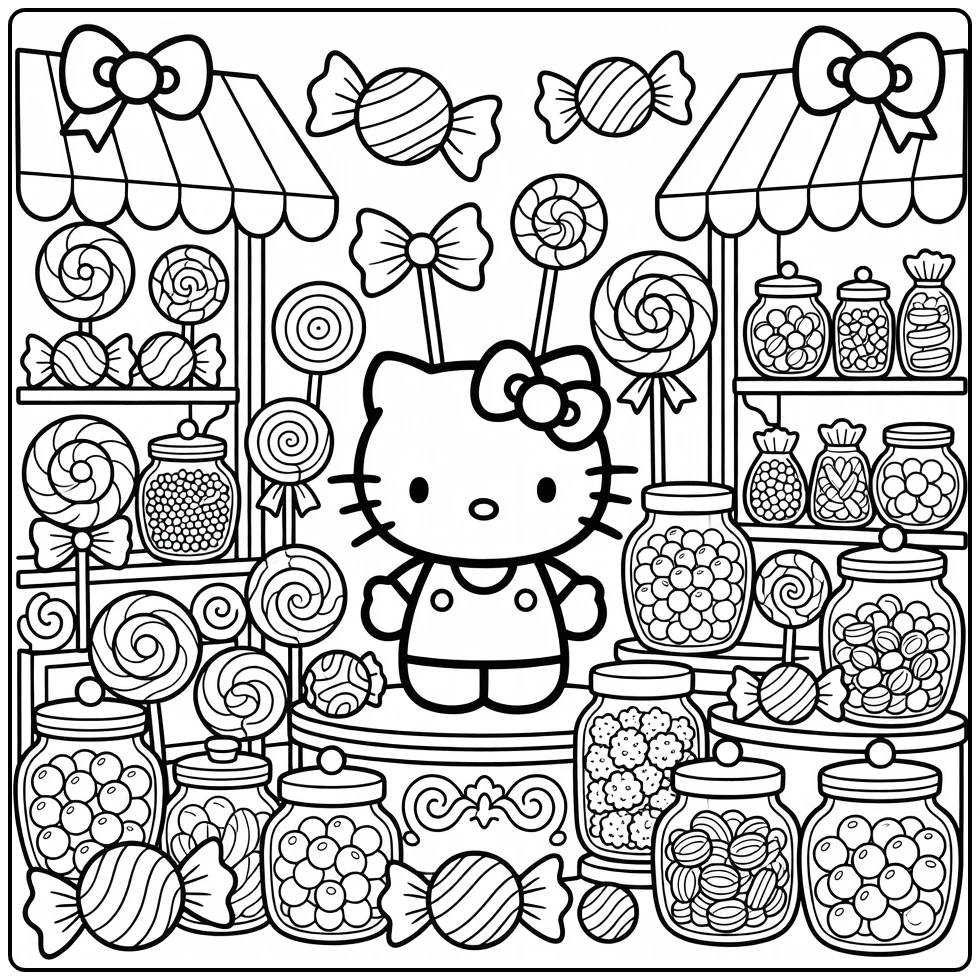 hello kitty kleurplaat moeilijk in snoepwinkel met lolly's
