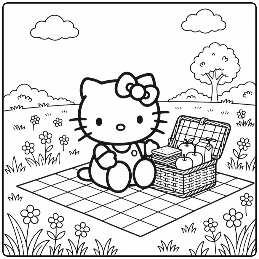 Hello Kitty Kleurplaat picknick met mand, broodjes en appels
