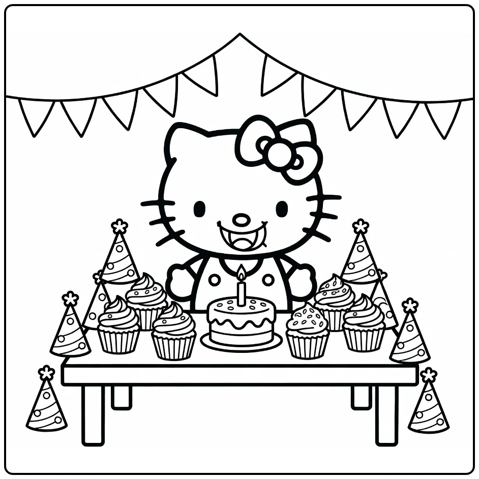 Hello Kitty kleurplaat verjaardag met taart cupcakes mutsen