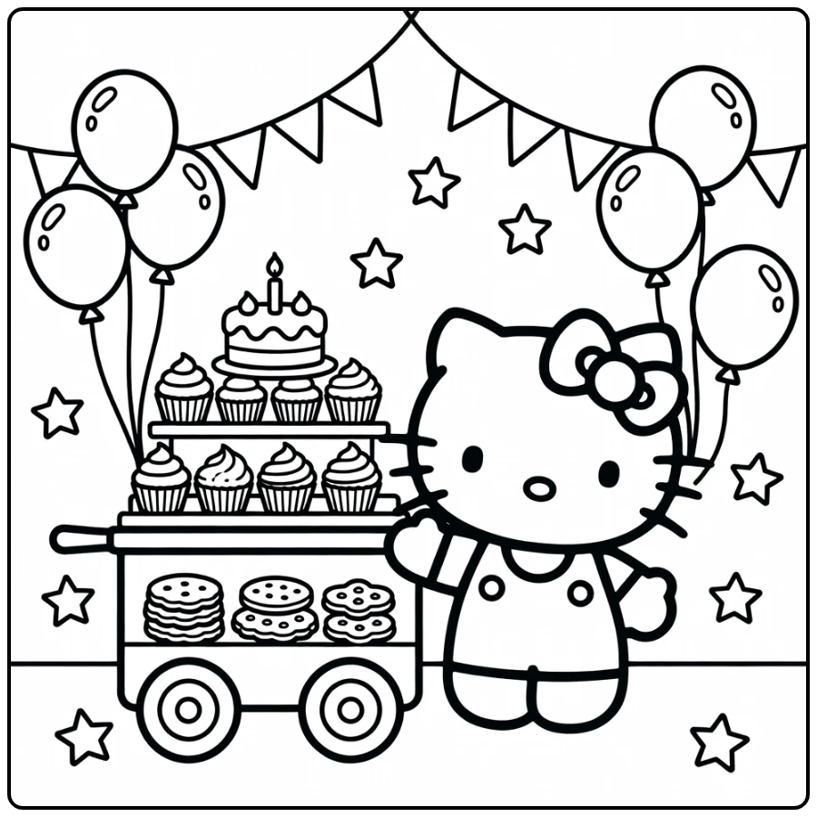 Hello Kitty kleurplaat verjaardag dessertkar cupcakes koekjes