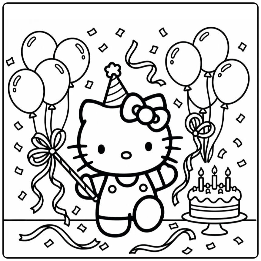 hello kitty kleurplaat verjaardag: dansend met feestmuts, ballonnen, taart