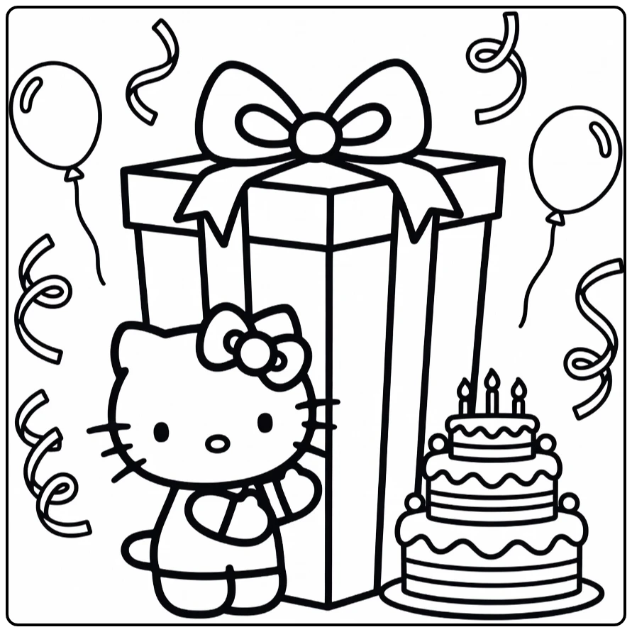 hello kitty kleurplaat verjaardag met groot cadeau en taart