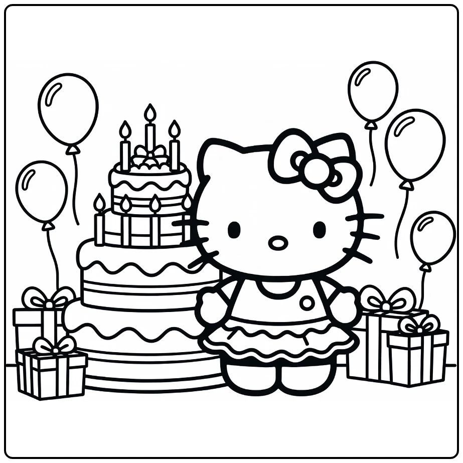 Hello Kitty kleurplaat verjaardag met taart, ballonnen, cadeaus
