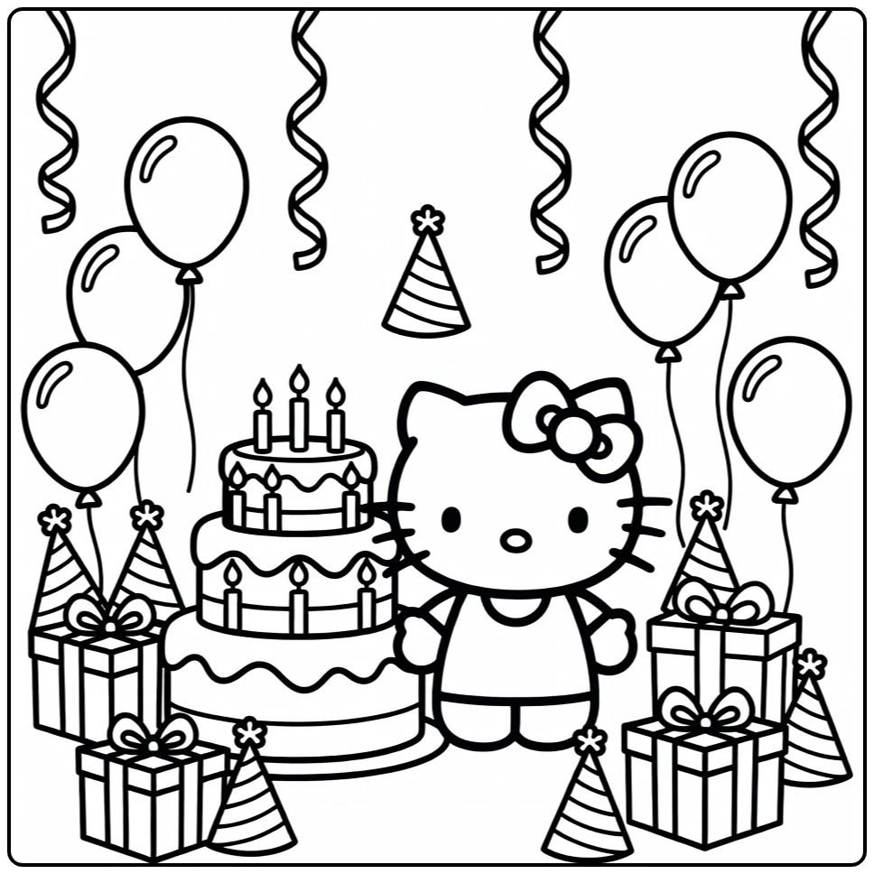 hello kitty kleurplaat verjaardag met taart, ballonnen, cadeaus