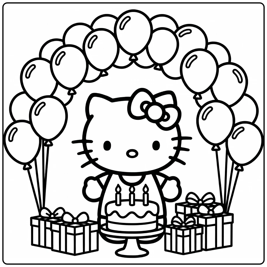 hello kitty kleurplaat verjaardag met ballonboog taart cadeaus