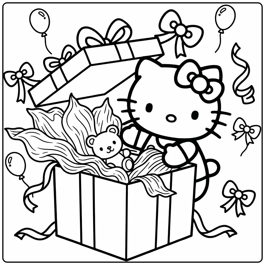 hello kitty kleurplaat verjaardag groot cadeau met speelgoed