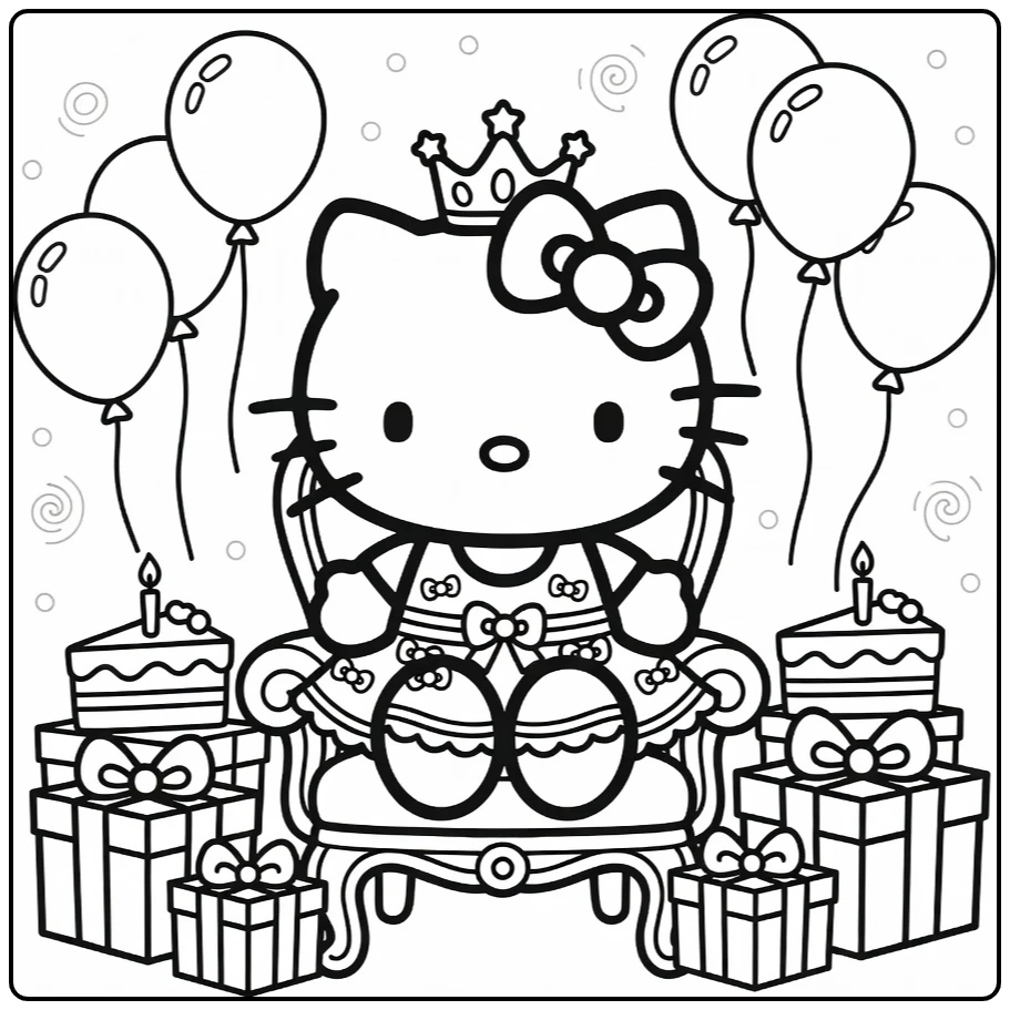 hello kitty kleurplaat verjaardag kroon jurk ballonnen