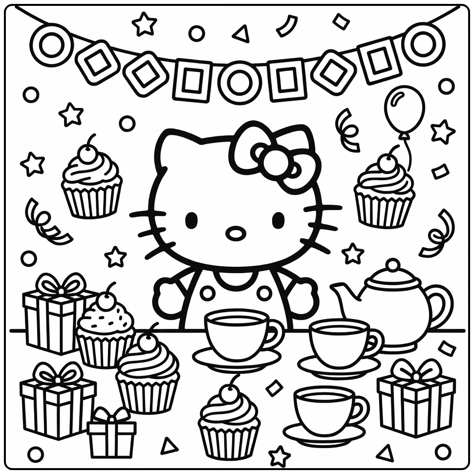 hello kitty kleurplaat verjaardag theepartij cupcakes