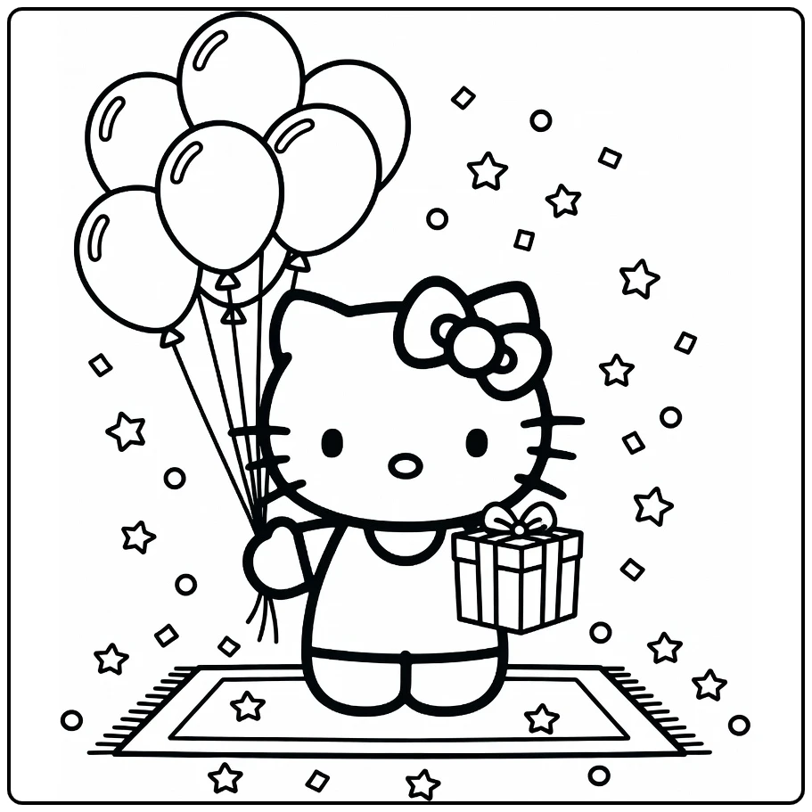 Hello Kitty kleurplaat verjaardag met ballonnen en cadeau