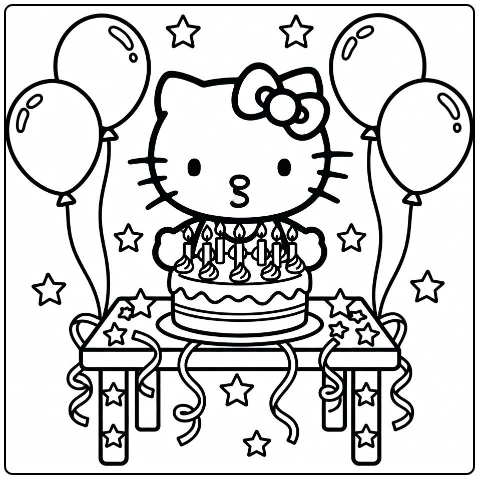 Hello Kitty kleurplaat verjaardag: taart uitblazen met slingers
