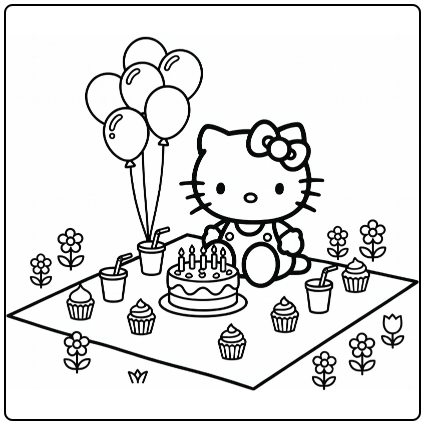 Hello Kitty kleurplaat verjaardag picknick met taart en ballonnen