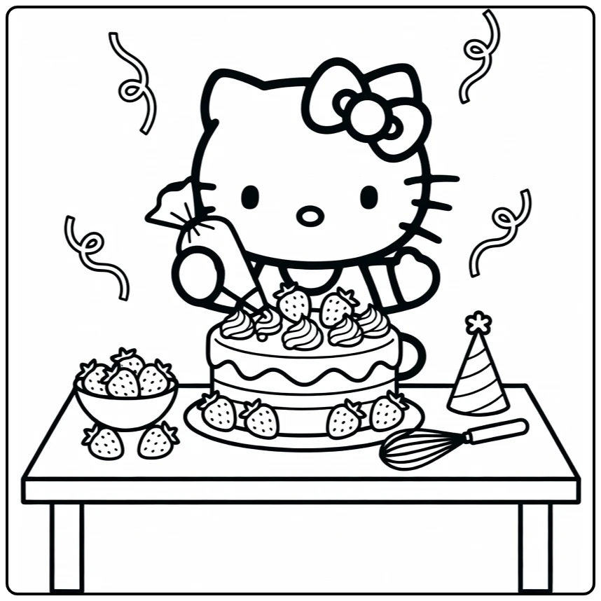 Hello Kitty kleurplaat verjaardag: taart versieren met aardbeien