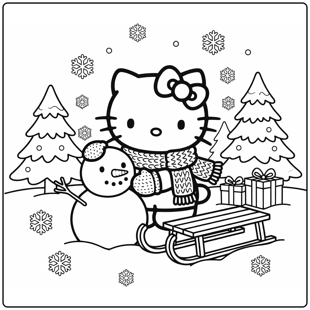 Hello Kitty Kleurplaat: sneeuwpop met sjaal & wanten