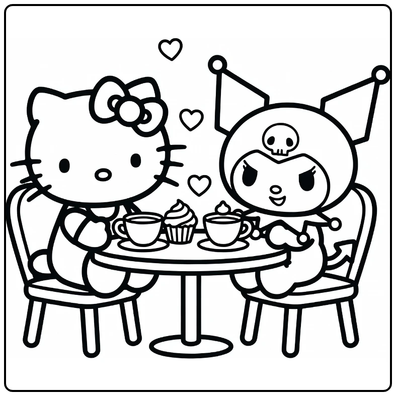 Hello Kitty Kuromi kleurplaat: thee, cupcakes, hartjes