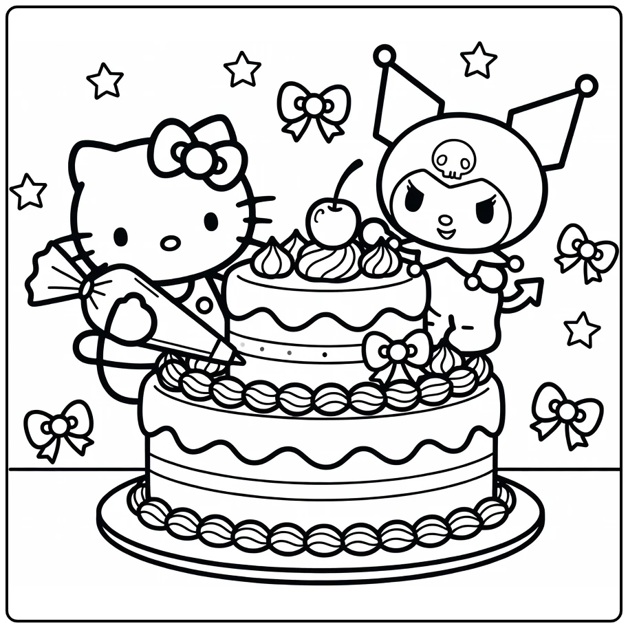 hello kitty kuromi kleurplaat taart versieren met kers