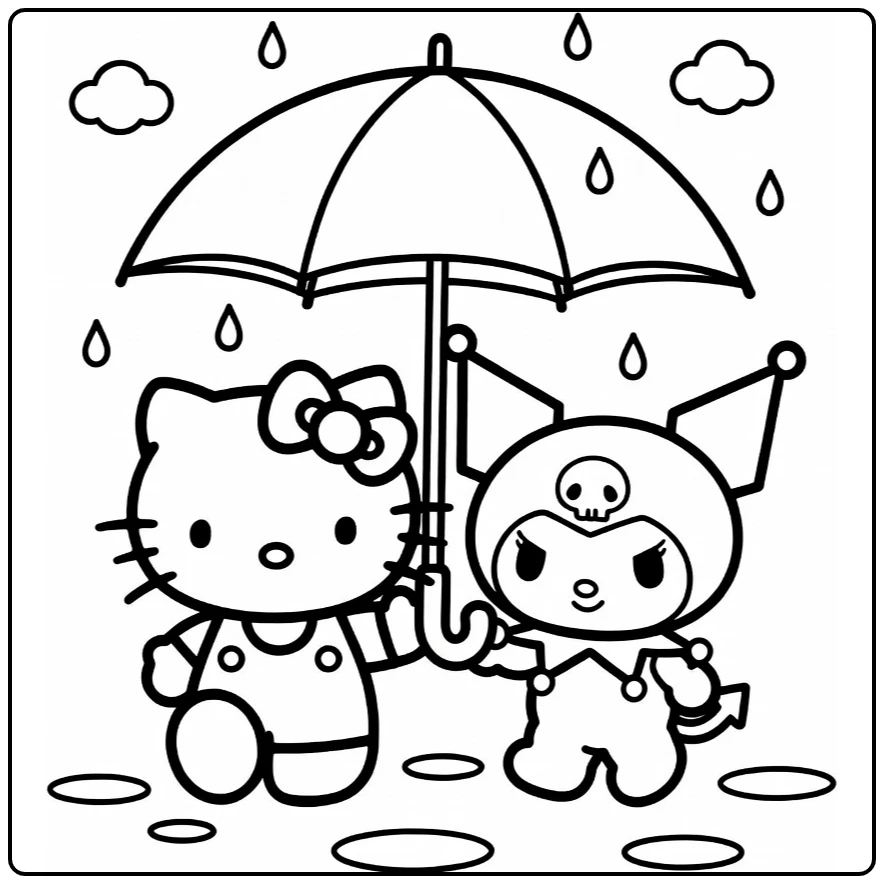 hello kitty kuromi kleurplaat onder paraplu in regen
