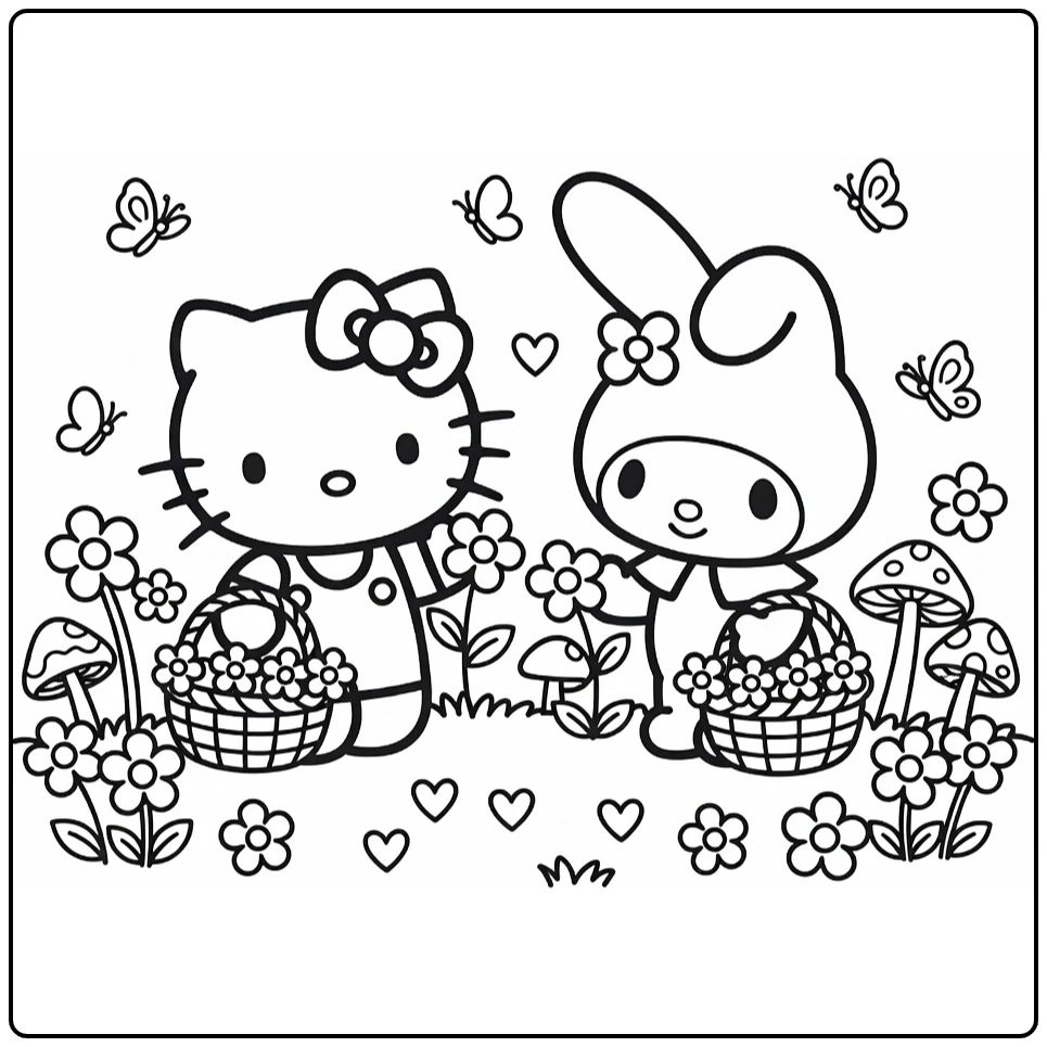 hello kitty my melody kleurplaat: plukken bloemen in charmante tuin