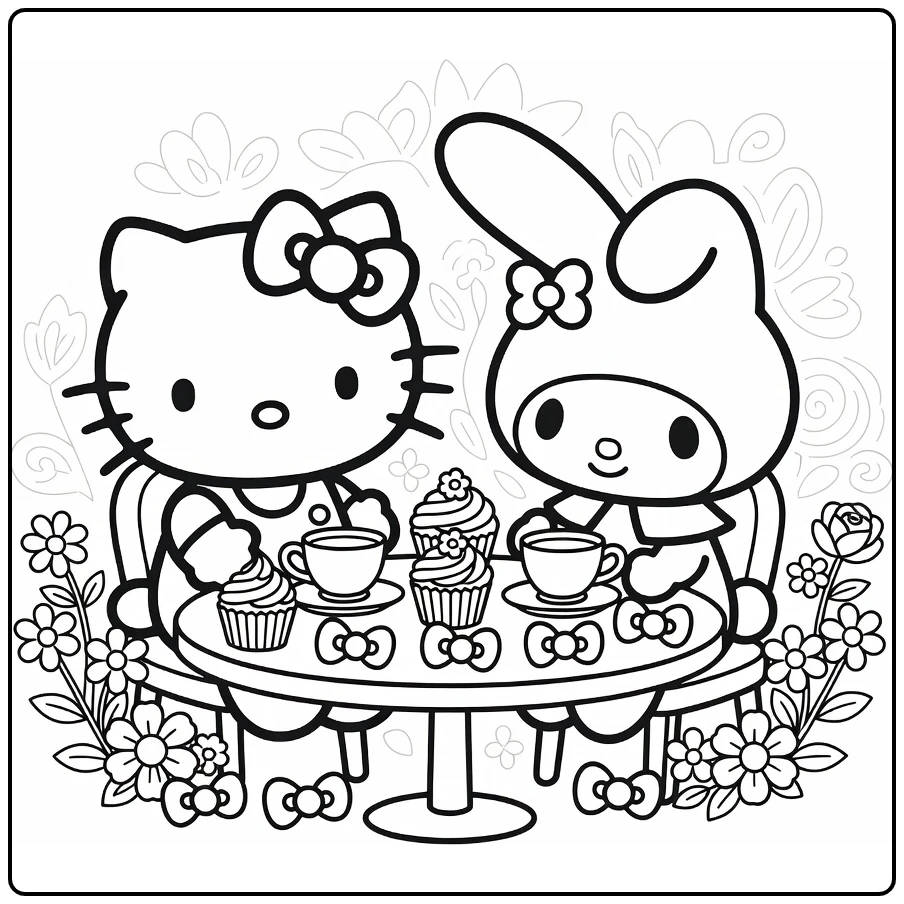 hello kitty my melody kleurplaat theepartijtje met cupcakes