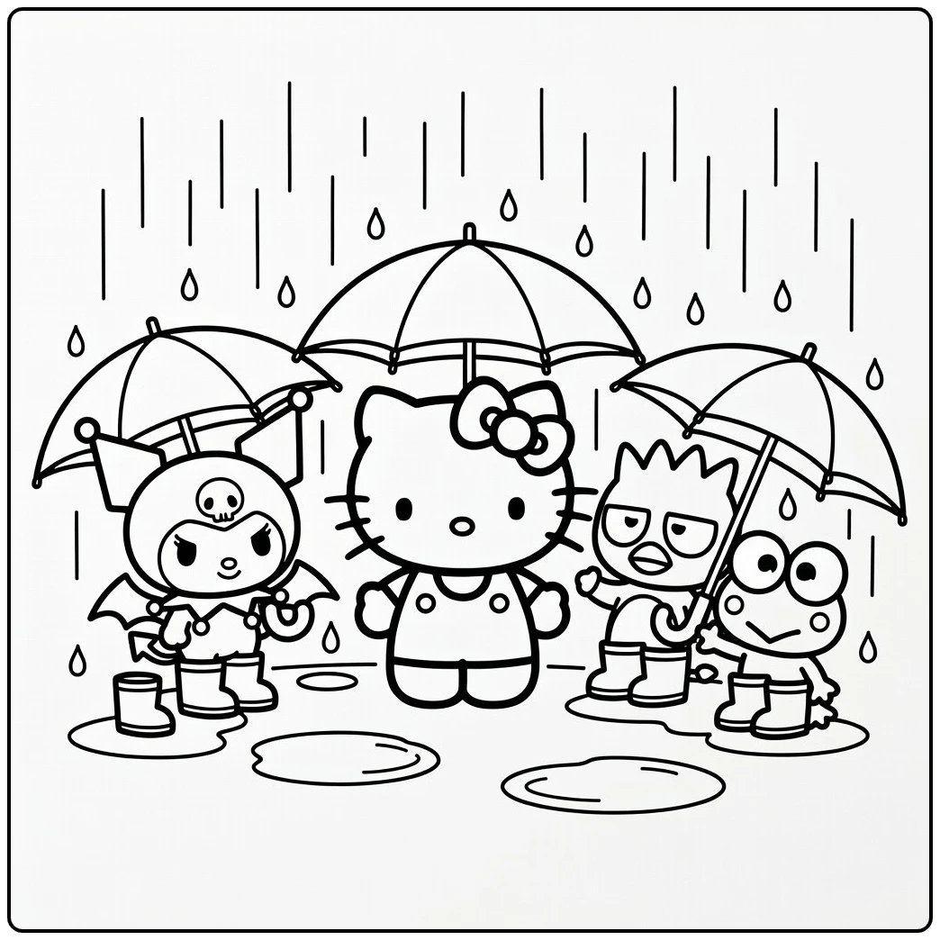 Sanrio kleurplaat Hello Kitty centraal met Kuromi & Badtz-Maru
