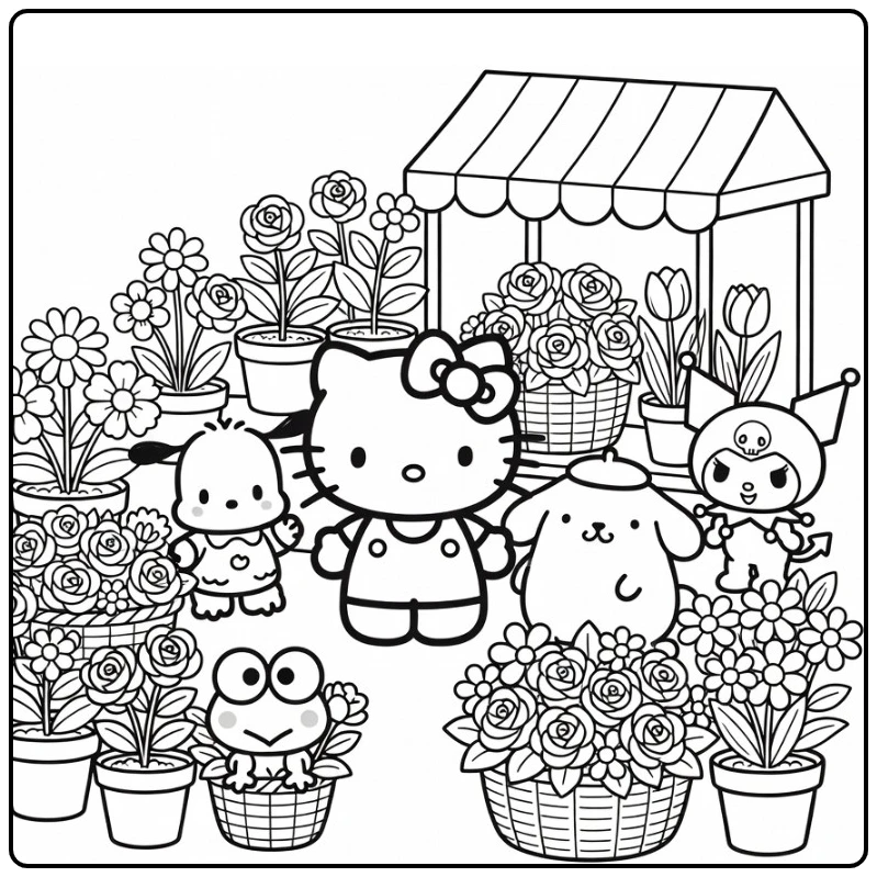Sanrio kleurplaat Hello Kitty met Pochacco & Keroppi