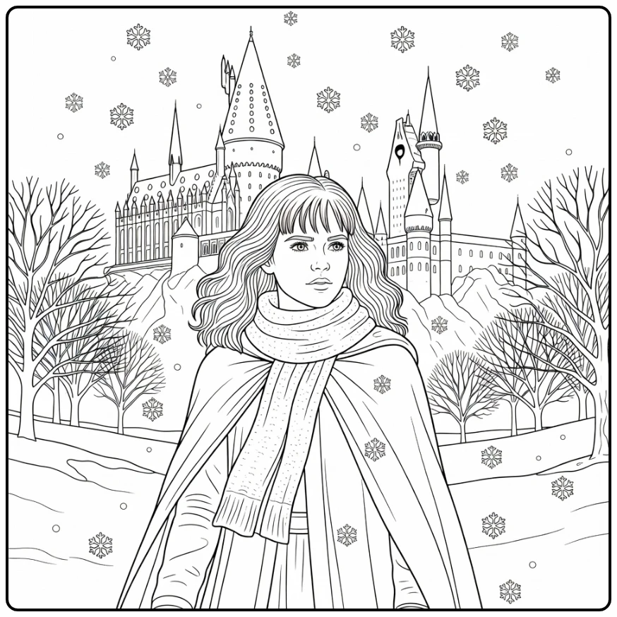 Hermione Granger kleurplaat wintermantel sneeuw Hogwarts