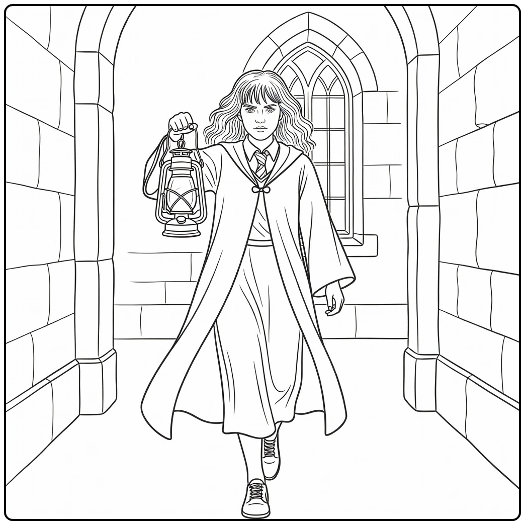 Hermione Granger kleurplaat met lantaarn in Hogwarts gang