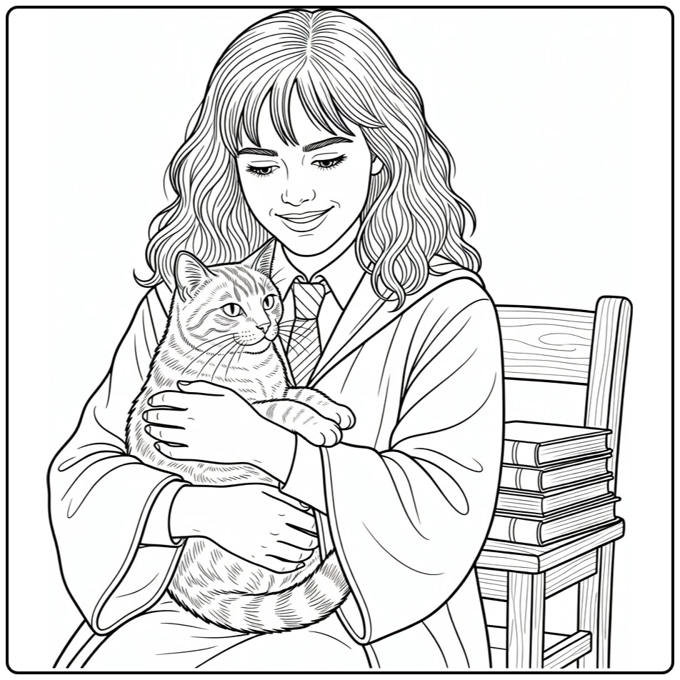 Hermione Granger kleurplaat met Crookshanks in armen