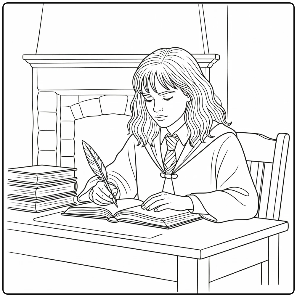 Hermione Granger kleurplaat: lezend aan bureau met veerpen