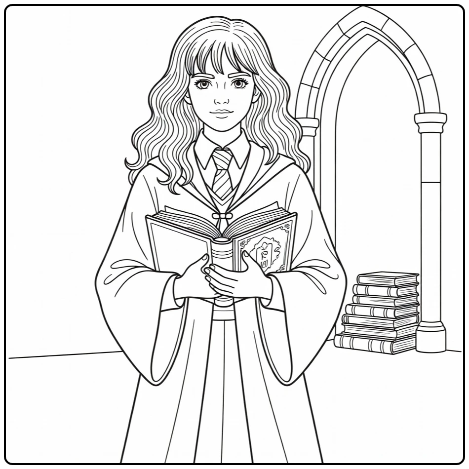 Hermione Granger kleurplaat zelfverzekerd met spreukenboek