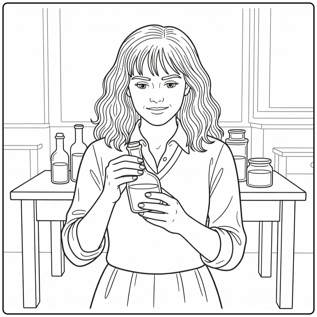 Hermione Granger kleurplaat met toverdrankfles Hogwarts