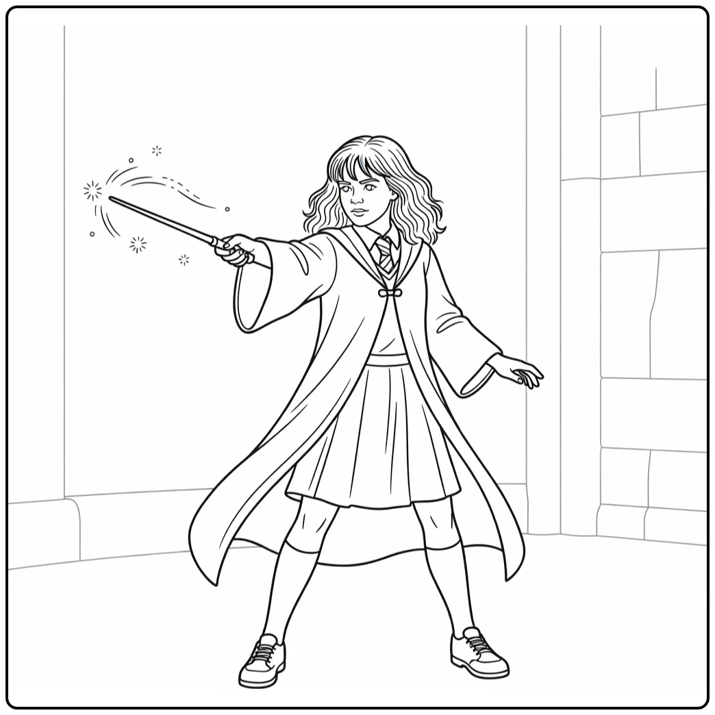 Hermione Granger kleurplaat: defensieve magie oefenen met vonken