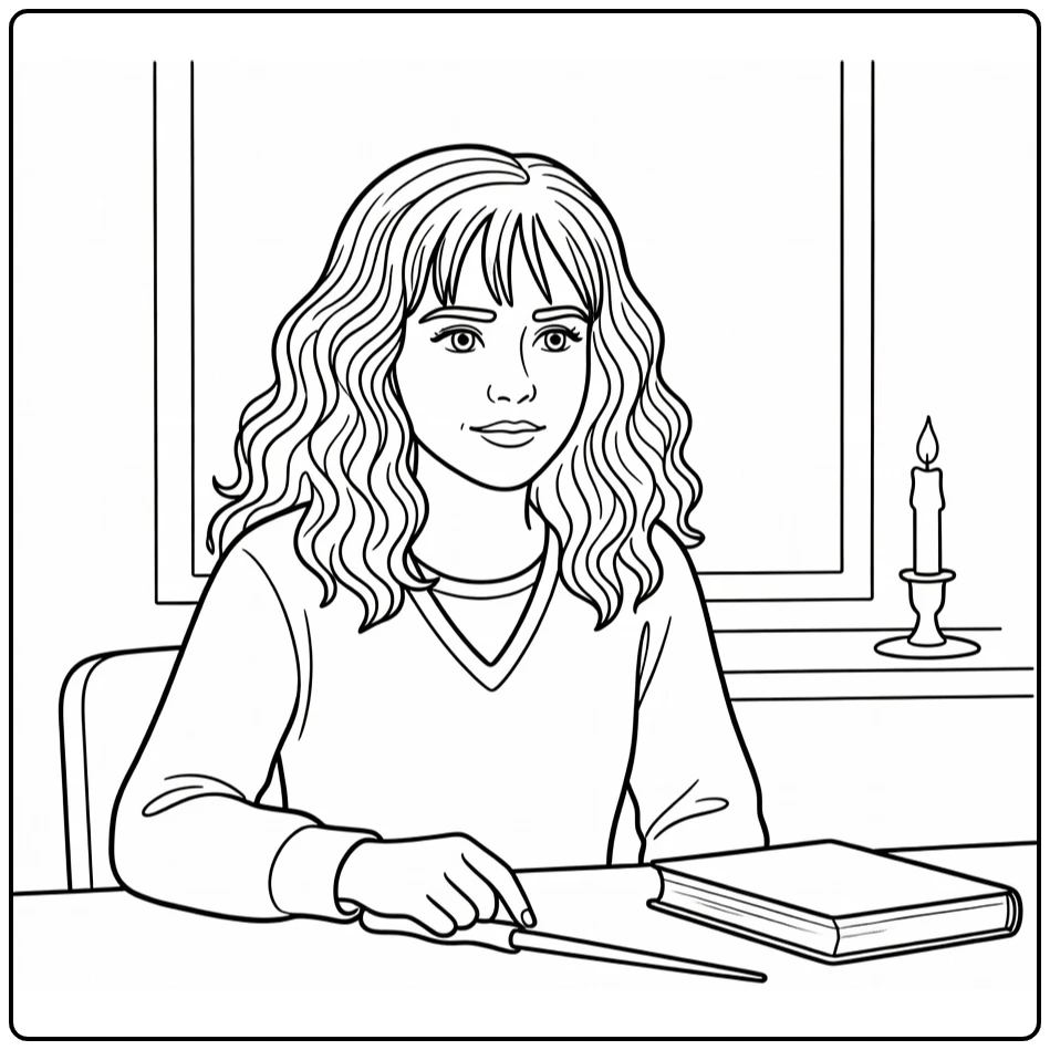 Hermione Granger kleurplaat aan studietafel met toverstaf