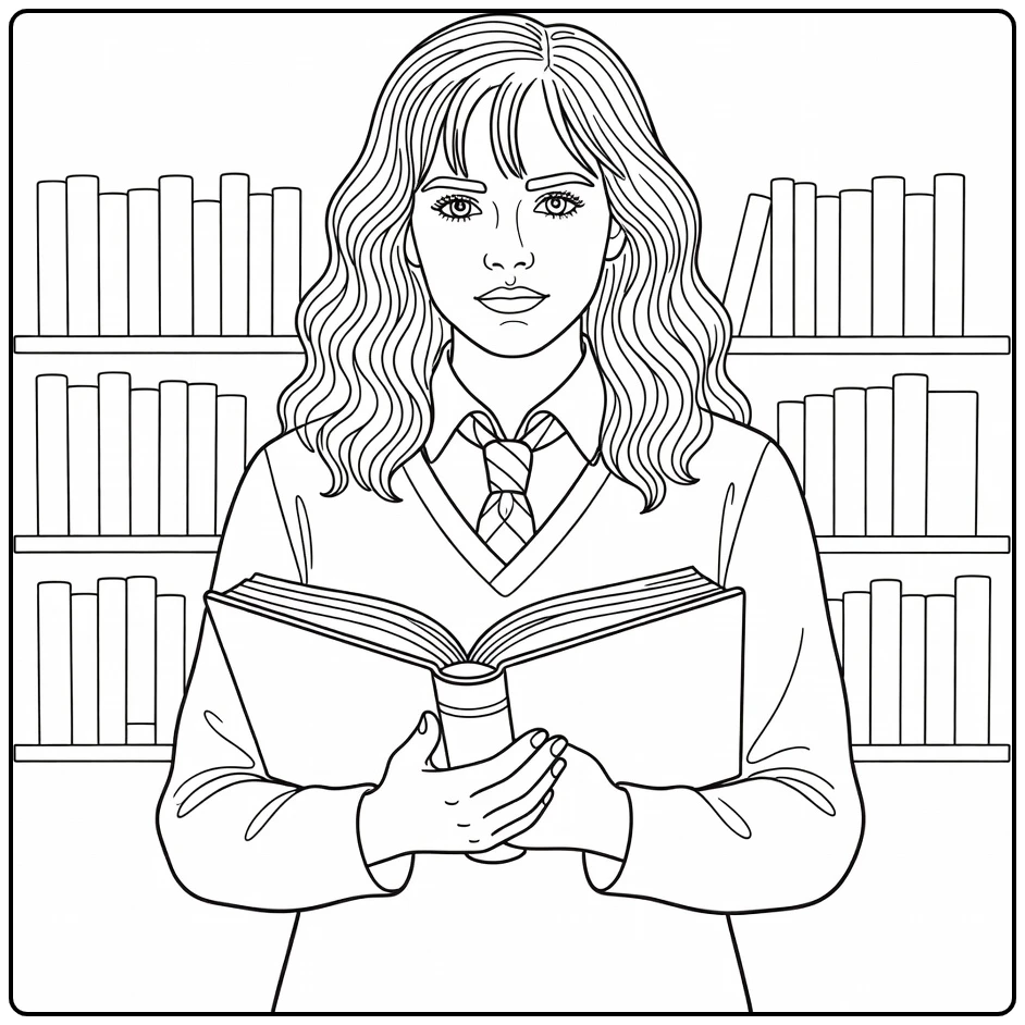 Hermione Granger kleurplaat in Hogwarts bibliotheek