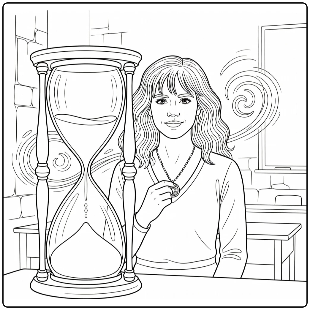 Hermione Granger kleurplaat met tijdturner zandloper