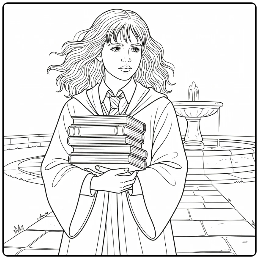 Hermione Granger kleurplaat met boeken in Hogwarts hof