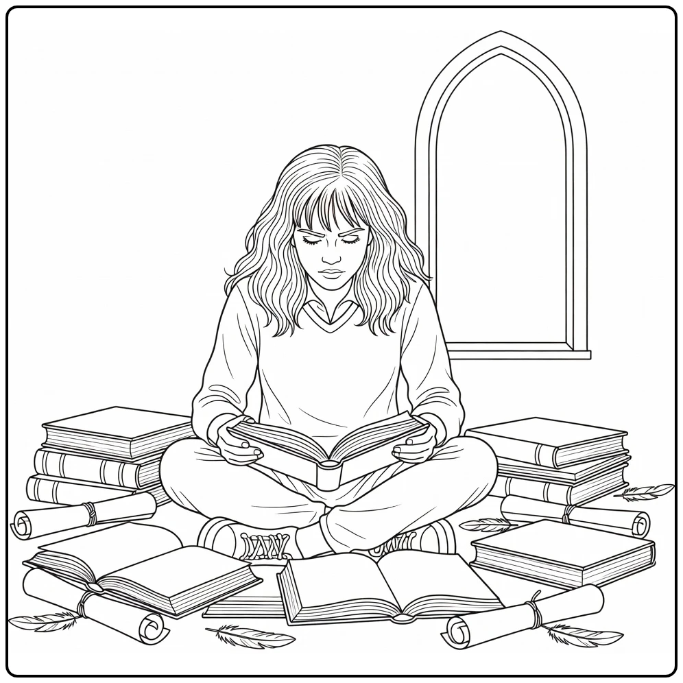 Hermione Granger kleurplaat: studerend met boeken, perkament