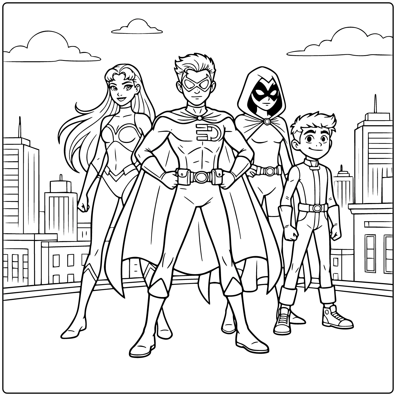 Teen Titans kleurplaat: Robin centraal heroïsch staand