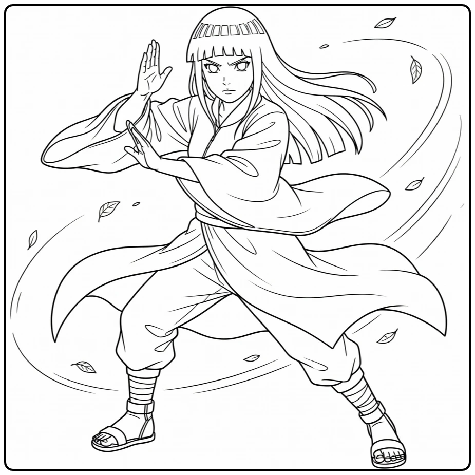 Hinata Kleurplaat: Hinata Hyuga in zachte vechthouding met focus