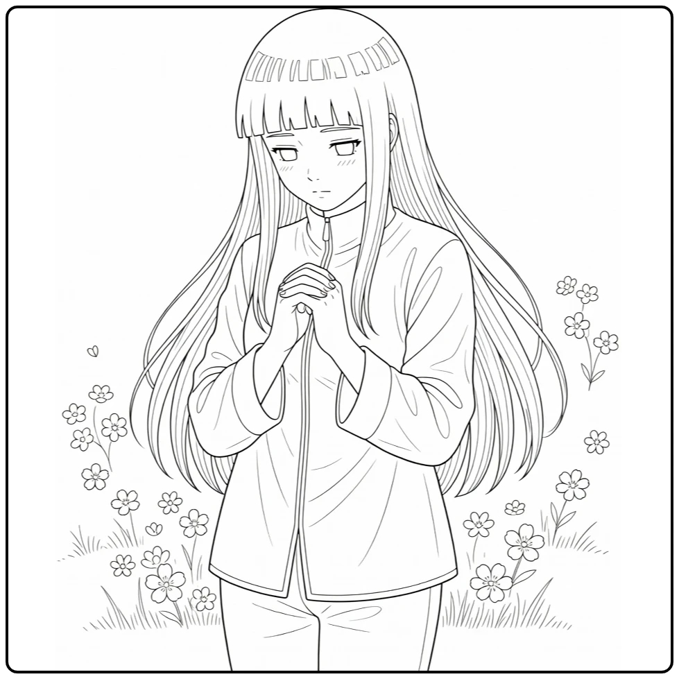 Hinata Kleurplaat: verlegen Hinata Hyuga met gevouwen handen