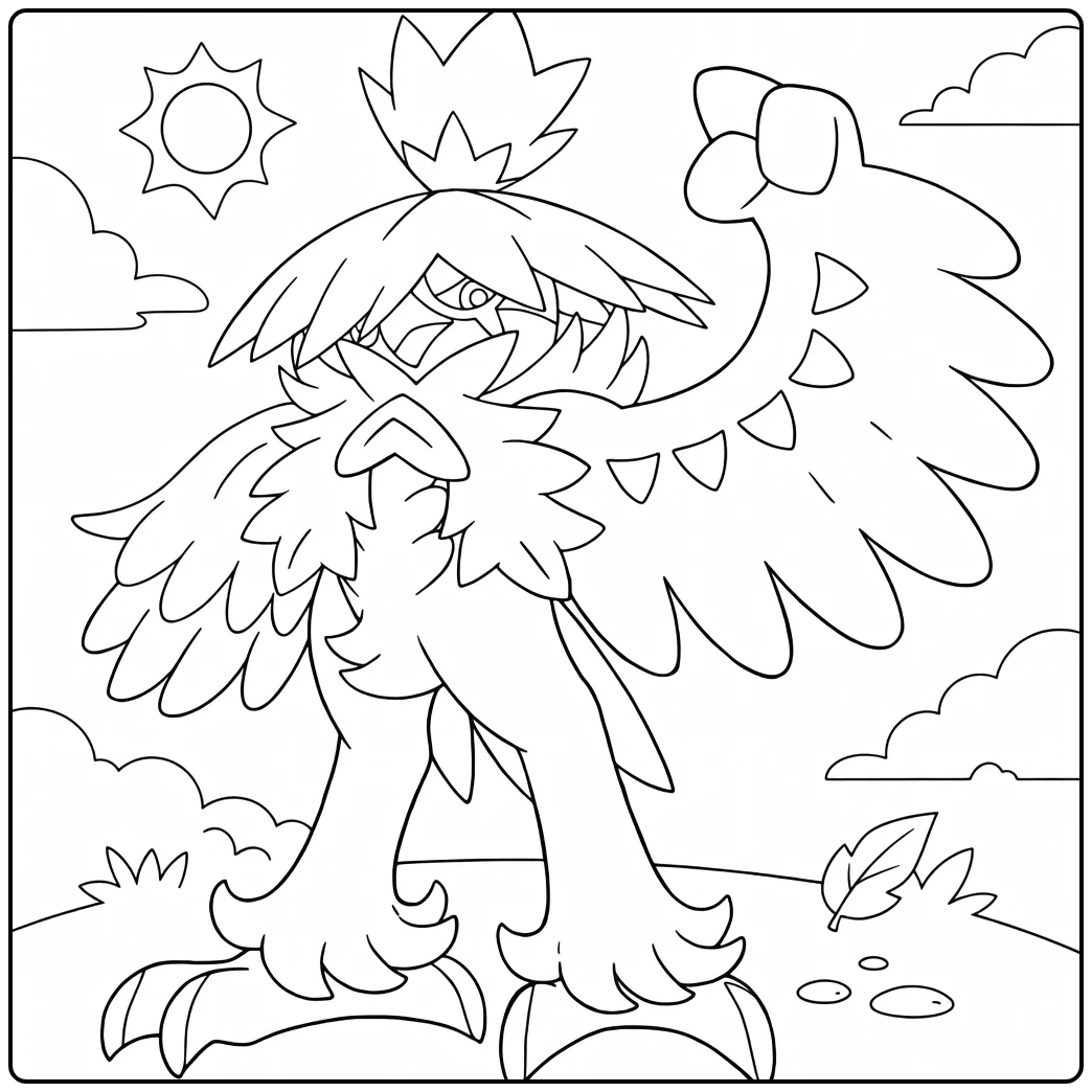 Hisuian Decidueye Kleurplaat in dynamische pose met zon